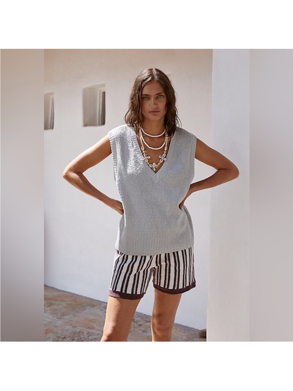 Free People Beach Sleeveless V‑Neck Knit Sweater Vest in Light Gray